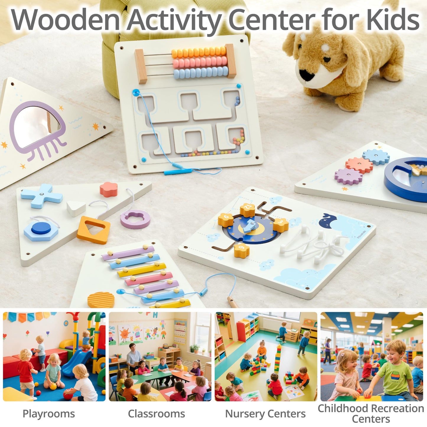 Pillowhale Tangram Activity Wall Busy Board Panels, 12-in-1 Learning Activity Center, Wooden Montessori Sensory Toys for Toddler Playroom, Nursery, Daycare, Classroom, Dentist Waiting Room