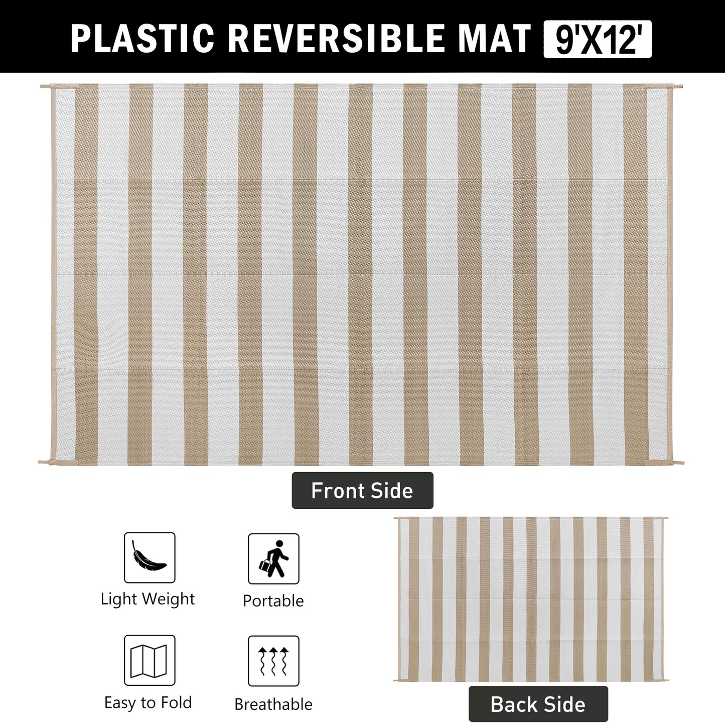 PureCozy Outdoor Waterproof Patio Rug 9x12 Plastic Straw Reversible Lightweight Outside Beige Striped Large Carpet Outdoor for Camping RV Porch Deck Balcony Beach
