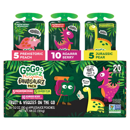 GoGo squeeZ No Sugar Added Fruit & veggieZ Applesauce and Puree Variety Pack, Jurassic Pear, Roarrrr Berry & Prehistoric Peach, 3.2 oz Pouches (Pack of 20), Fruit Snacks for Kids, Gluten Free, Nut Free, Recloseable Cap, BPA Free