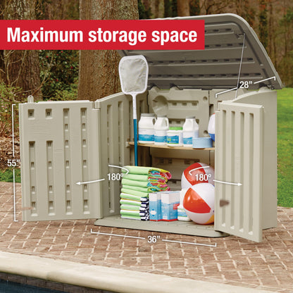 Rubbermaid Large Horizontal Resin Outdoor Storage Shed With Floor (5 x 4 Ft) Weather Resistant, Beige/Brown, Organization for Home/Backyard/Pool Chemicals/Toys/Garden Tools/Porch/Patio Cushions