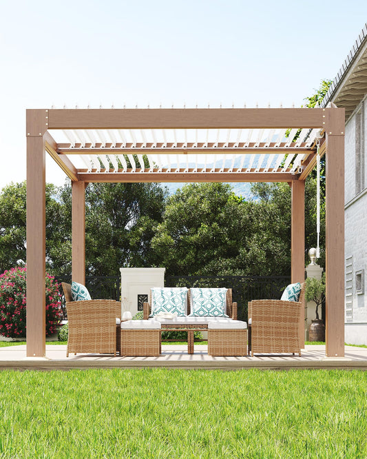 GarveeLife Louvered Pergola 10 ft x10', Outdoor Pergola with Adjustable Louvered Roof, Reinforced Aluminum Frame, Integrated Drainage System, Hardtop Gazebo for Patio, Deck, Wood Grain