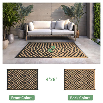 sarben Outdoor Rug for Patio - Waterproof Plastic Straw Camping Rugs 4x6 ft, Reversible Outdoor Indoor RV Mat Carpet for Patio, Porch, Deck, Balcony, Picnic, Beach, Black Brown