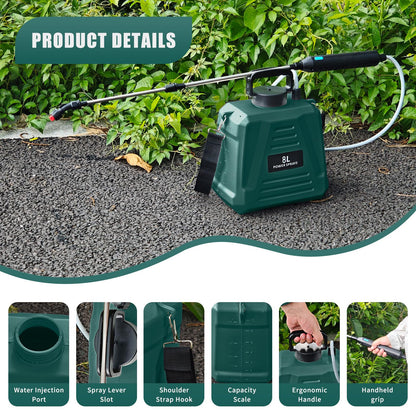 2 Gallon Battery Powered Sprayer, Electric Garden Sprayer, Backpack Sprayer with 3 Mist Nozzles & USB Rechargeable Handle & Retractable Wand & Adjustable Strap for Lawn, Garden, Yard (Green)