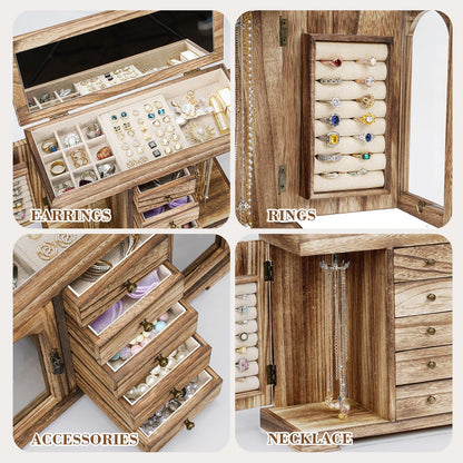 Miratino Jewelry Box for Women Girls, Rustic Wooden Jewelry Organizer Box with Mirror, 5 Layer Jewelry Storage Case Display for Necklaces Earrings Rings Bracelets Valentine's Day Gifts