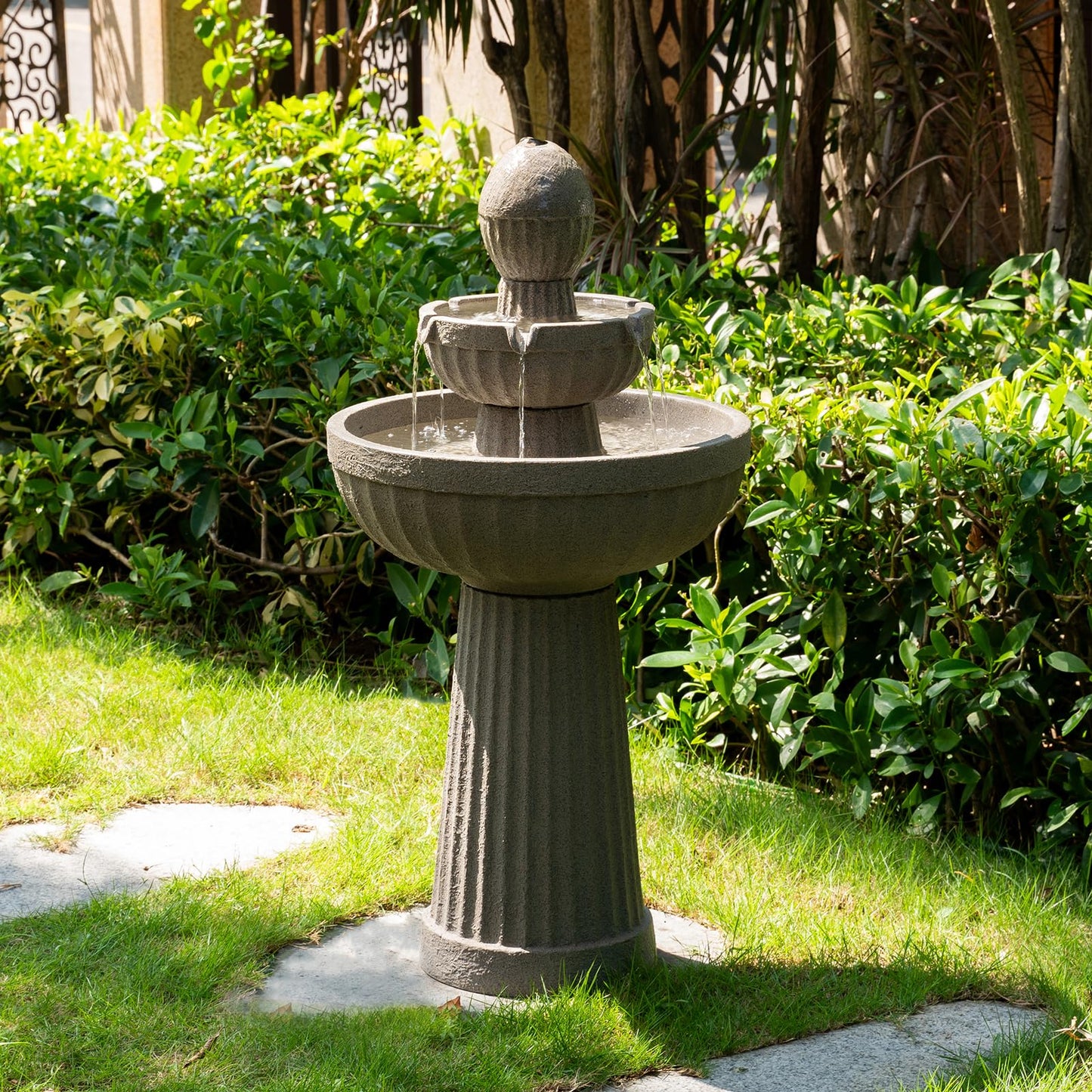Puulye 37.80” H Outdoor Water Fountain Made with Eco-Friendly Recyclable Materials, Polyethylene Cascading Waterfall Water Fountain Outdoor, Garden Decor with LED Light for Patio, Backyard (Andesite)