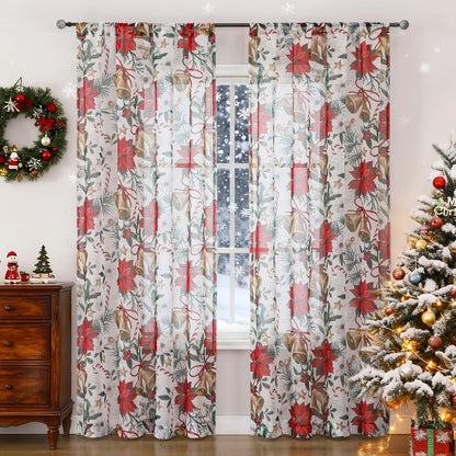 BROSHAN Red and Gold Christmas Sheer Curtains 63 inch Length 2 Panel Set- Xmas Bedroom Window Decoration Curtains in Poinsettias Floral Bells Patterned, Winter Holiday Living Room Curtain Drapes