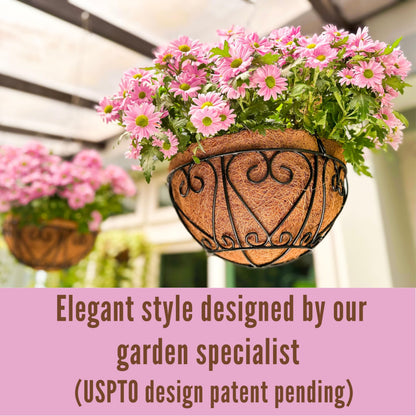 LaLaGreen Hanging Baskets for Plants (10 Inch, 2 Pack) Small Hanging Flower Pots with Coco Liner, Black Metal Wire Round Plant Holder with Hanger Hook Chain Outdoor Deck Patio Balcony Garden Decor