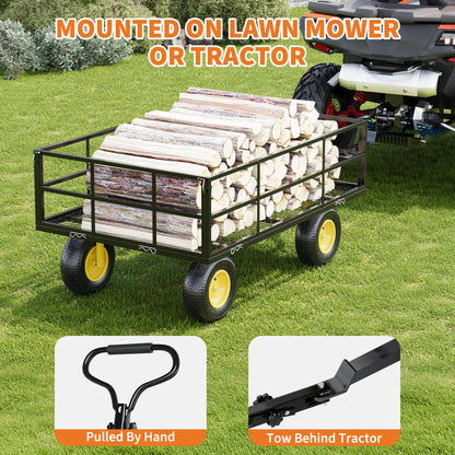 3-in-1 Heavy-Duty Steel Garden Cart, 1200 Lbs Garden Wagon, with 13 Inch All-Terrain Tires and Removable Mesh Side Panels, 180° Rotating Handle, Metal Utility Yard Trailer, Outdoor Gardens Wagon Cart
