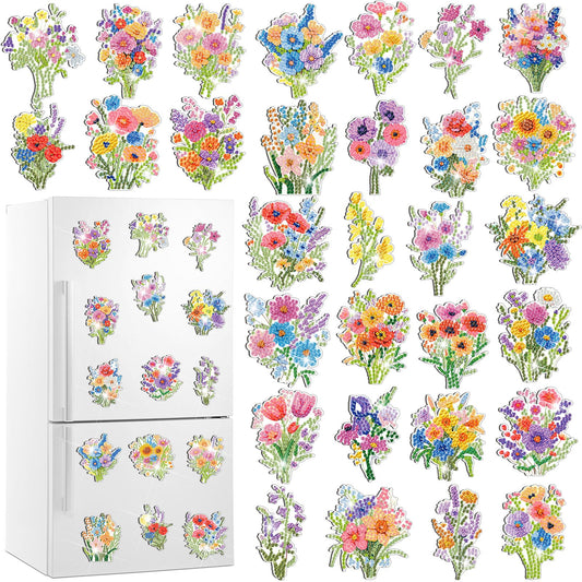 Xuhal 30 Pcs Wildflower Diamond Painting Magnets Spring Flower Diamond Art Magnet Kits for Adults Colorful Floral Refrigerator Magnetic Sticker 5D Rhinestone Fridge Stickers for DIY Crafts Gifts