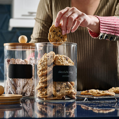 Le'raze 1 Gallon Glass Canister Set for Kitchen Counter with Airtight Bamboo Lids + Marker & Labels - of 2 Large Cookie Jars Wooden Lid, Food Storage Containers Pantry, Flour, Sugar, Pasta, Candy,