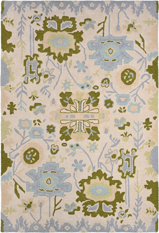 Handmade Oushak Wool Area Rug | Floral and Botanical Patterns in Soft Blue and Green | Luxurious Thick Pile for Living Room, Bedroom & Dining Room Decor (Blue & Green, 5' x 7')