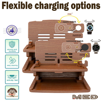 MED Wood Phone Docking Station for Men - Desk or Nightstand Organizer - Birthday Gifts for Husband, Dad - Anniversary Idea from Wife - Key Holder, Stand Wallet, Watch & Essentials (Dark Walnut)