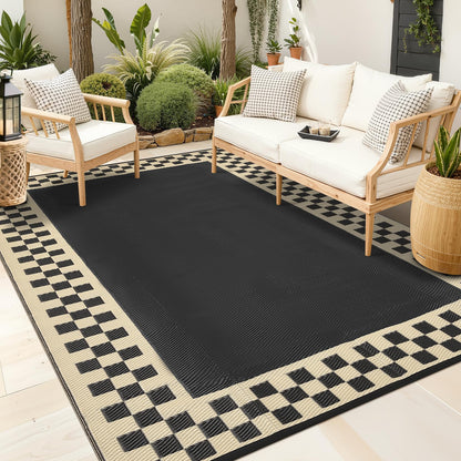 Checkered Outdoor Rug 8x10 Waterproof Modern Bordered Patio Rugs Plastic Straw Rug Large Indoor Outdoor Throw Carpets Reversible Mat for Picnic, Backyard, Rv, Beach, Deck, Camper, Balcony, Black