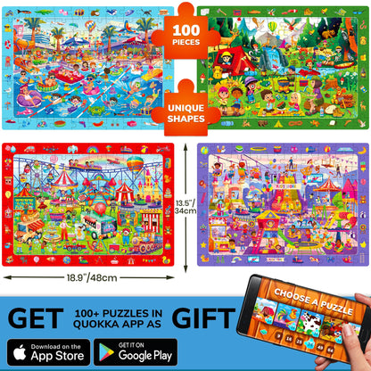 QUOKKA 100 Piece Puzzles for Kids Ages 4-6 – 4xSET Search and Find Kids Puzzles Ages 5-8 – Artist-Crafted Illustrations, Hidden Objects, Unique Jigsaw Shapes, Educational Activity for Learning & Play