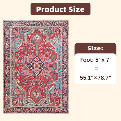jxgzyy Soft Area Rug for Bedroom, 0.31'' Thick Red Persian Style Rug for High Traffic Area, Foyer Rugs for Entryway 5×7, Beautiful Lounge Rug with Cotton Backing, Low Pile Faux Wool Carpet for Study