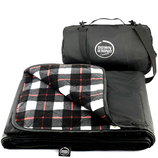 DOWN UNDER OUTDOORS Large Waterproof Windproof Extra Thick 350 GSM Quilted Fleece Stadium Blanket, Machine Washable Camping Picnic & Outdoor, Beach, Baseball,Dog, 82 x 55 (Black & White Check)
