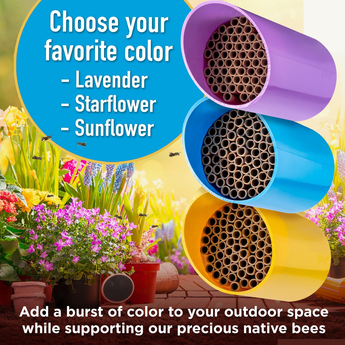 Rivajam Color Splash Mason Bee House - Vibrant & Strong Waterproof Bee Hotel & Insect Habitat - Mason Bee Tubes Filled Bee Houses for The Garden - Pollinator House Bug Hotel Gardening Gifts