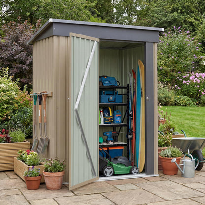 Greesum 5x3FT Outdoor Storage Shed with Base, Utility Tool Shed with Sloping Roof, Metal Storaged Garden Shed with Door & Lock for Patio Storage, Brown