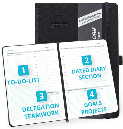 Action Day 2026 Weekly Planner - Effective Planning System to Increase Productivity,To-Do List,Weekly Goals,Projects,Teamwork,Daily Diary,Yearly & Monthly overview, Notes Pages (Black, 7x9 Inch)