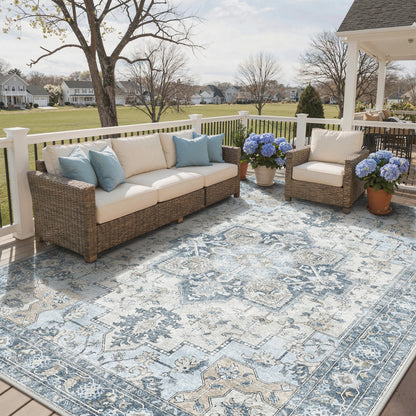 GENIMO Outdoor & Indoor Area Rug 10'x14', Waterproof, Non-Shedding, Easy Cleaning, Boho Mat for Patio, Living Room, Balcony, Dining Room, RV, Deck, Bedroom, Camping, Outside Carpet,Blue