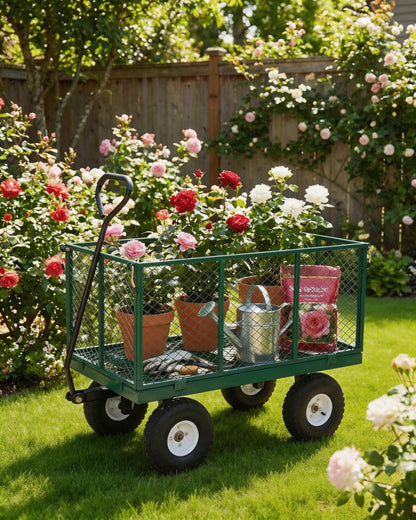 GarveeTech 1000LBS Heavy Duty Steel Garden Cart, Garden Wagon Cart on Wheels, Metal Yard Utility Wagon with Removable Mesh Sides, 13" All Terrain Tires, 180° Rotating Handle for Lawn, Garden, Farm
