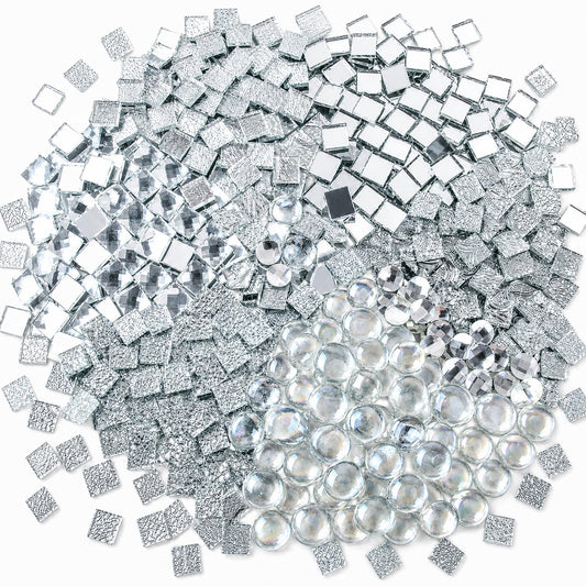 CHICSHIS 1000g Real Mirror Glass Mosaic Tiles for DIY, Silver Textured Square Tiles (15mm) with Iridescent Glass Gems, Mixed Shapes Stained Glass Set for Mosaic Art & Home Décor Projects