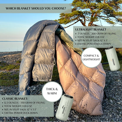 Noora North Down Camping Blanket with Footbox – Lightweight, Packable, Water Resistant Backpacking Quilt & Warm Puffy Compact Outdoor Throw – 52x77 with Stuff Sack for Stadium, Hiking & Travel