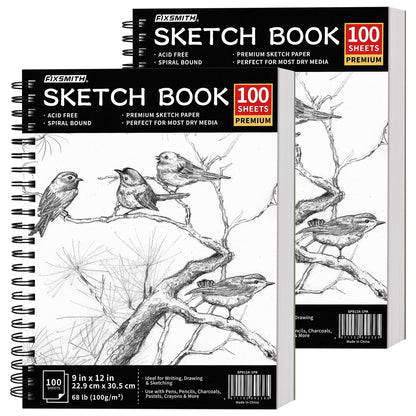 FIXSMITH 9"X12" Sketch Book | 200 Sheets (68 lb/100gsm) Sketchbook| 2 Pack (100 Sheets Each) |Acid Free Drawing Paper | Spiral Bound Sketchpad for Beginners,Artists & Professionals | Bright White