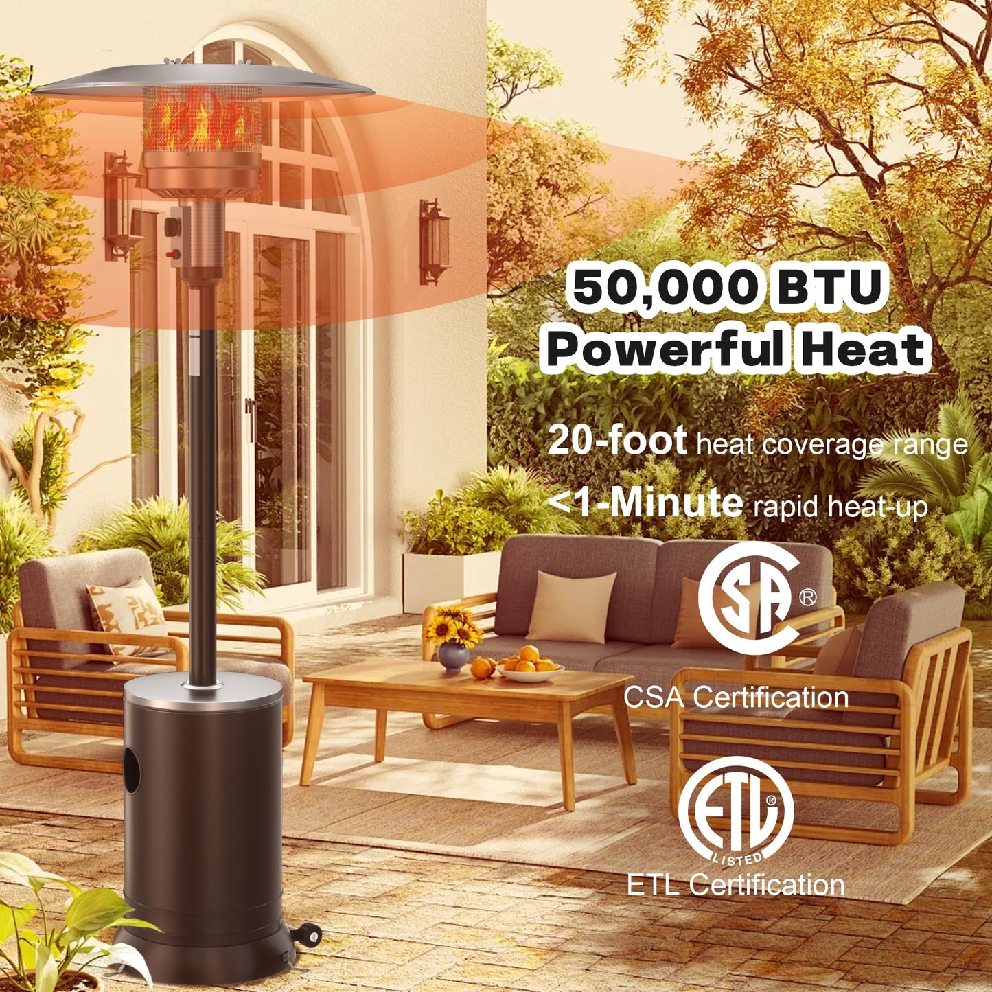 DIAMONDFORGE 50,000 BTU Patio Heater - Propane Patio Heater with Double-Layer Stainless Steel Burner, Round Table Design Space Heater, Outdoor Heaters with Wheels Used for Garden and Patio, Brown