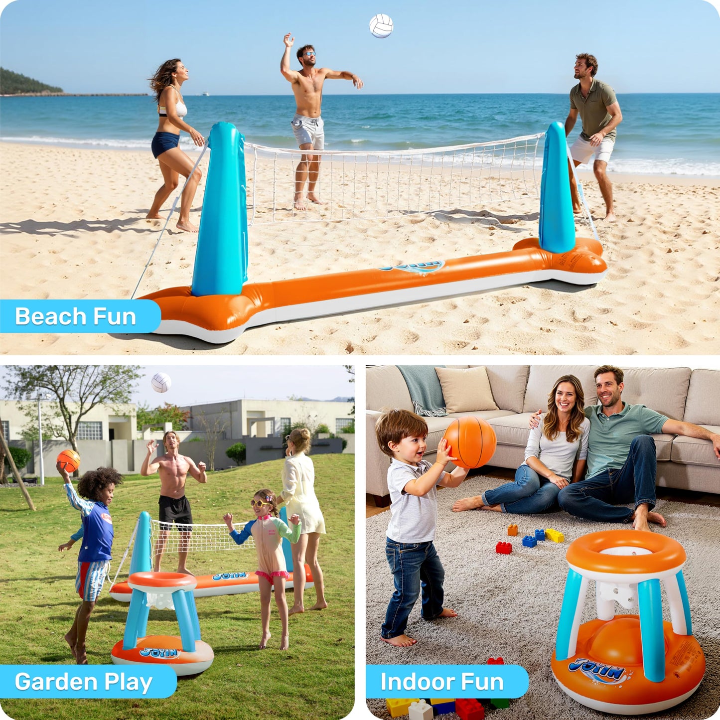 JOYIN Inflatable Pool Float Set Volleyball Net & Basketball Hoops, Floating Swimming Game Toy for Kids and Adults, Summer Floaties, Volleyball Court (105”x28”x38”)|Basketball (27.6”x23”),L-Orange