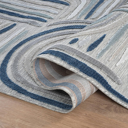 CAMILSON Indoor Outdoor Rug, Blue 5x7 Geometric Arch Striped Area Rugs for Patio and Home Areas, Easy-Cleaning Non-Shedding Living Room, Garden and Deck Washable Outside Carpet (5 x 7)