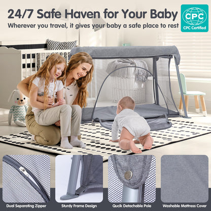 CAPAKIDDO Lightweight Travel Crib - Portable Baby Playard，Foldable Play Yard with Zipper Door, No Tools Setup, Compact for On-The-Go