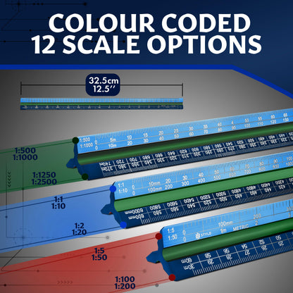 Stylo 12" Aluminum Architect Scale Ruler Laser Etched Triangle Drafting Ruler, Color Coded Grooves for Blueprint, Drafting and Drawing, Architectural Scale Ruler for Blueprints (Blue, Metric Units)