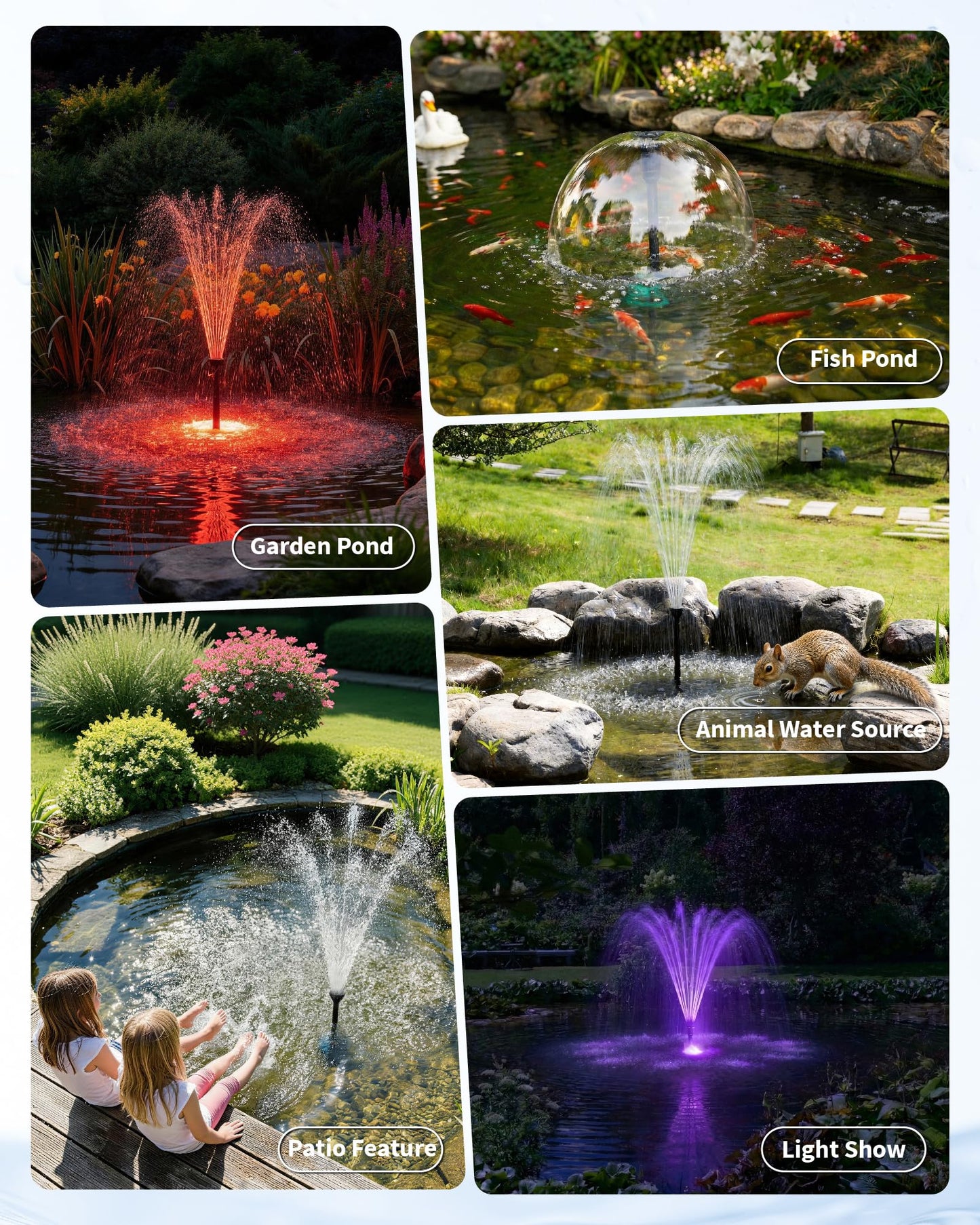 POPOSOAP Pond Fountain Pump Kit with RGB Lights & Remote Control, 660GPH Quiet Submersible Water Pump, Pond Pump with 3 Nozzles for Garden Koi Ponds, Fish Tank,Backyard Water Features Decor-P1104D