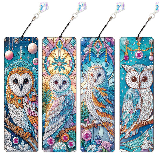 4-Piece DIY 5D Diamond Painting Bookmark Kits, Owl Special Shaped Crystal Rhinestones Book Marks, Handmade Diamond Art Bookmarks with Crystal Pendant Tassels, Decorative Craft Gift Set for Adults