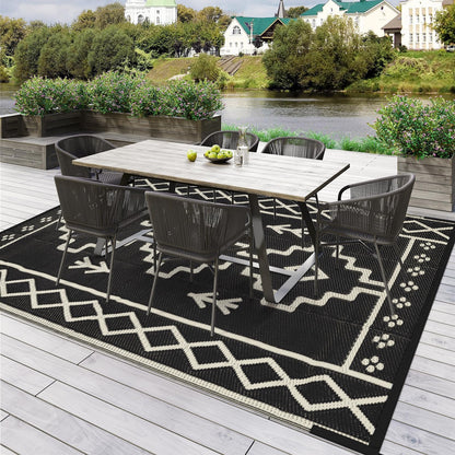 Uphome Outdoor Rugs 8x10 Waterproof, Reversible Black Boho RV Camping Rug, Patio Plastic Straw Outside Rug, Large Foldable Outdoor Mat Carpet for Backyard Deck Pool Balcony Picnic Beach, 8'x10'