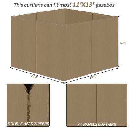 Gazebo Privacy Curtains 11' x 13' with Zipper 4-Panels Side Wall Universal Replacement for Patio, Outdoor Canopy, Garden and Backyard (Curtain Only)