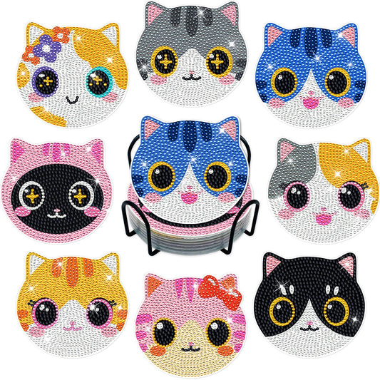 ZTOTZ Cat Diamond Art Painting Coaster Kit, 8Pcs DIY Cute Cat Face Diamond Crafts Kit with Holder, Non Slip Coaster Art Supplies for Adults, The Perfect Christmas and Holiday Gifts
