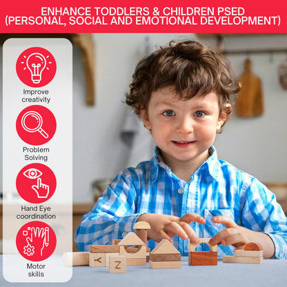 MOMOARI Alphabet Number Early Math Wooden Building Blocks Set - 86 Blocks in 6 Shapes with Wooden Storage Tray. Preschool Montessori Kids Toys. Stacking Learning Toys for Toddlers. Age 3 Years +
