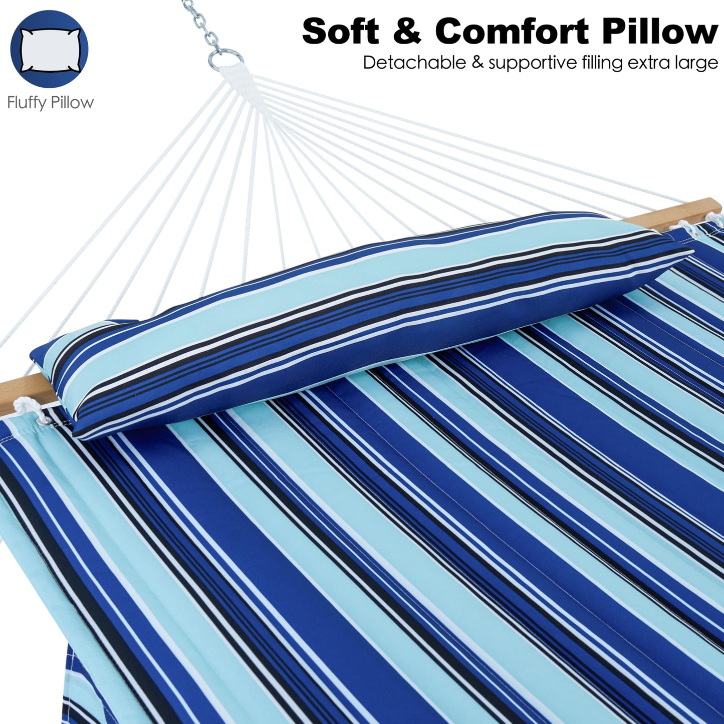 GAFETE Hammock 2 Person Quilted Fabric Hammocks for Outside, Double 12ft Hammocks with Spreader Bar, Large Removable Pillow, Storage Bag, Carabiners, Max 475 lbs Capacity (Catalina Beach)