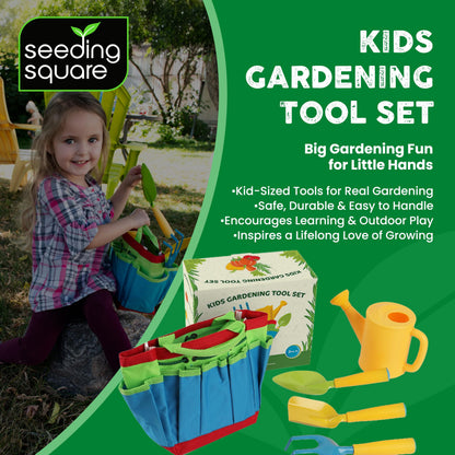 Seeding Square Kids Garden Tool Set – All-in-One Gardening Kit with Trowel, Shovel, Rake, Watering Can & Tote Bag – Durable, Safe & Fun Outdoor Activity for Children Ages 3+