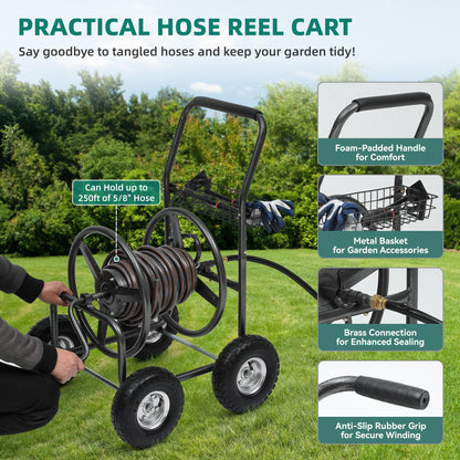 Autodaya 250FT Garden Hose Reel Cart with 10" Pneumatic Tires, Heavy-Duty Steel Frame for Tangle-Free Water Hose Storage, Easy-Rolling Lawn & Yard Hose Holder