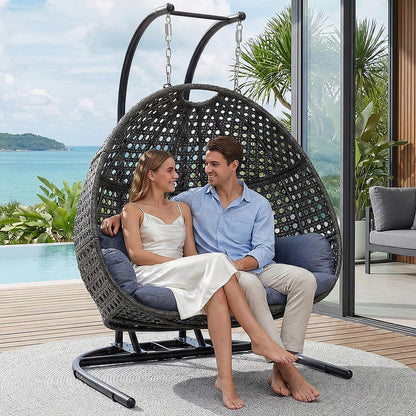 DREAM YOUNG 2 Person Egg Chair with Stand, Oversized Wicker Hanging Loveseat, Heavy-Duty Steel Frame, Extra-Thick Cushion, Rain Cover Included, All-Weather Indoor Outdoor Patio Swing Chair, Dark Grey