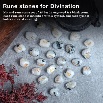 Crocon Rainbow Moonstone Rune Stones Sets 25 pcs for Beginners with Elder Futhark Alphabets for Healing Chakra Crystals Reiki feng Shui Gemstone Runes Set Size: 15-20 mm with a Pouch & Rune brochure
