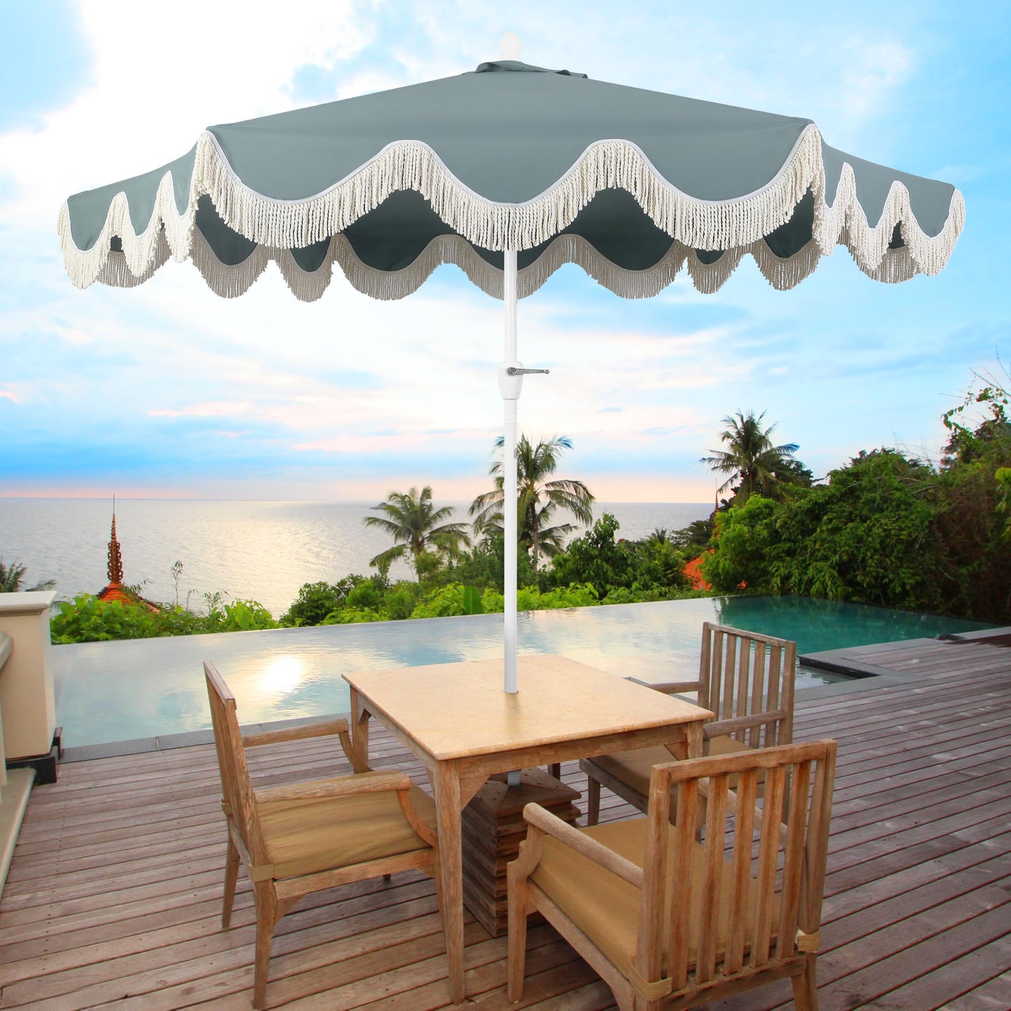 JONATHAN Y UMB1001K Collins 9 ft. Classic Cottage Fringe Tassel Market Patio Umbrella with Auto-Tilt Crank, Wind Vent and UV Protection in Green/Cream, White Pole