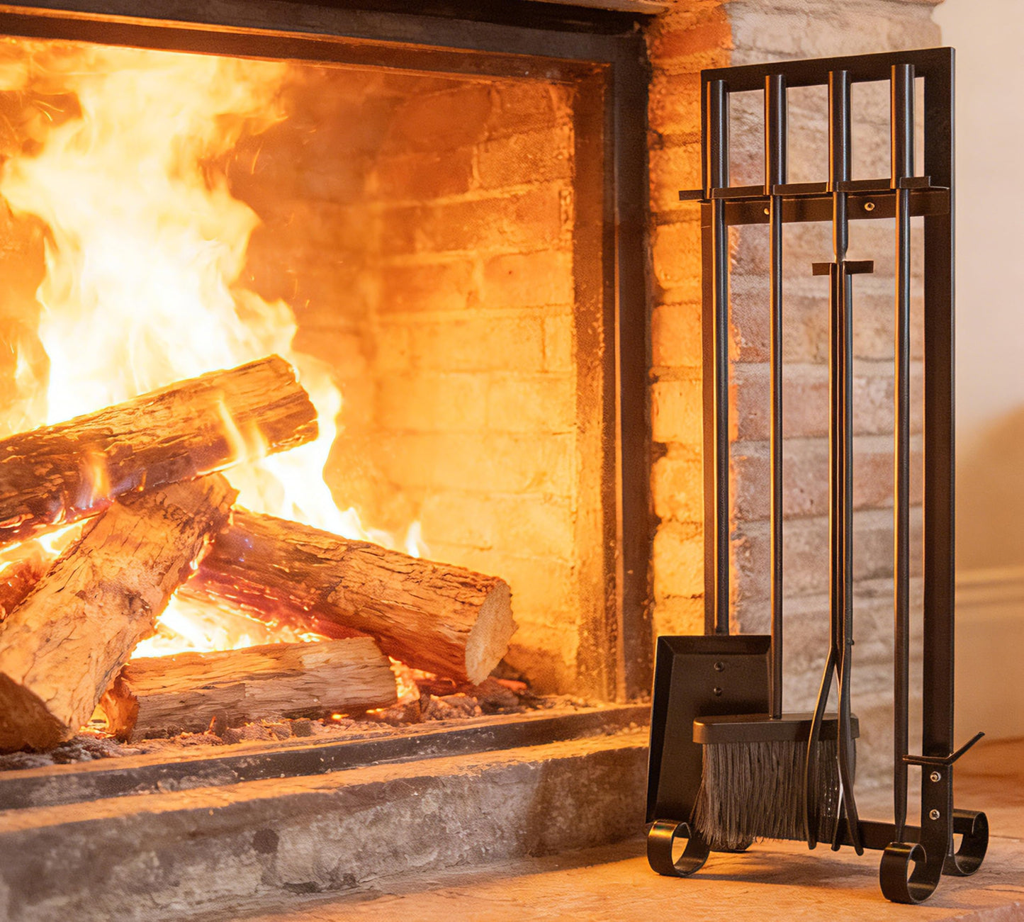 CALIDOLA 5 Pieces Wrouhgt Iron Fireplace Tools Set,31-Inch Modern Black Outdoor Indoor Fireplace Companion Set Stove Hearth Accessories with Poker, Tong, Shovel, Brush