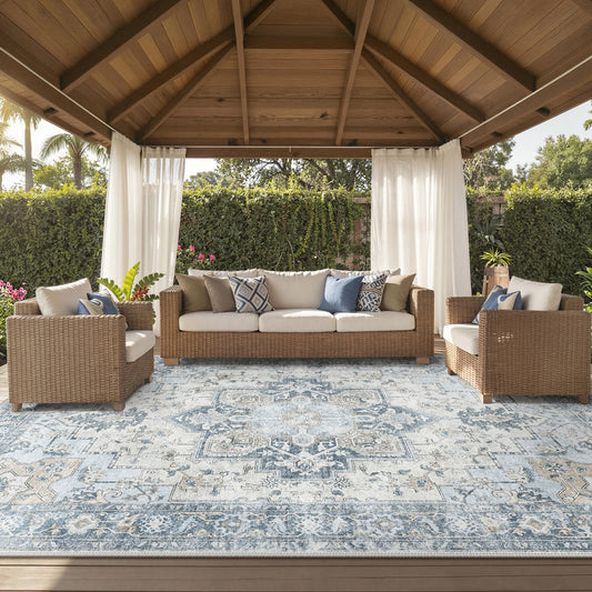 GENIMO Outdoor & Indoor Area Rug 10'x14', Waterproof, Non-Shedding, Easy Cleaning, Boho Mat for Patio, Living Room, Balcony, Dining Room, RV, Deck, Bedroom, Camping, Outside Carpet,Blue