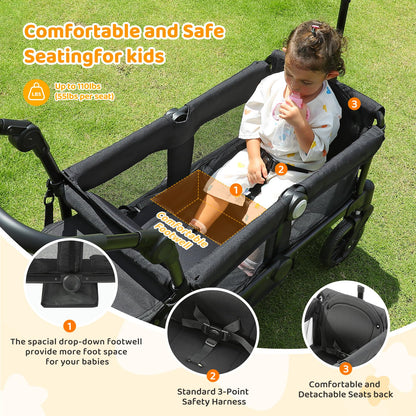 ELEMARA Foldable Wagon Stroller, Stroller Wagon for 2 Kids, Premium All Terrain Wagon for Kids with Removable Canopy, Adjustable Push/Pull Handle, Harnesses, Large Storage Bag, Black