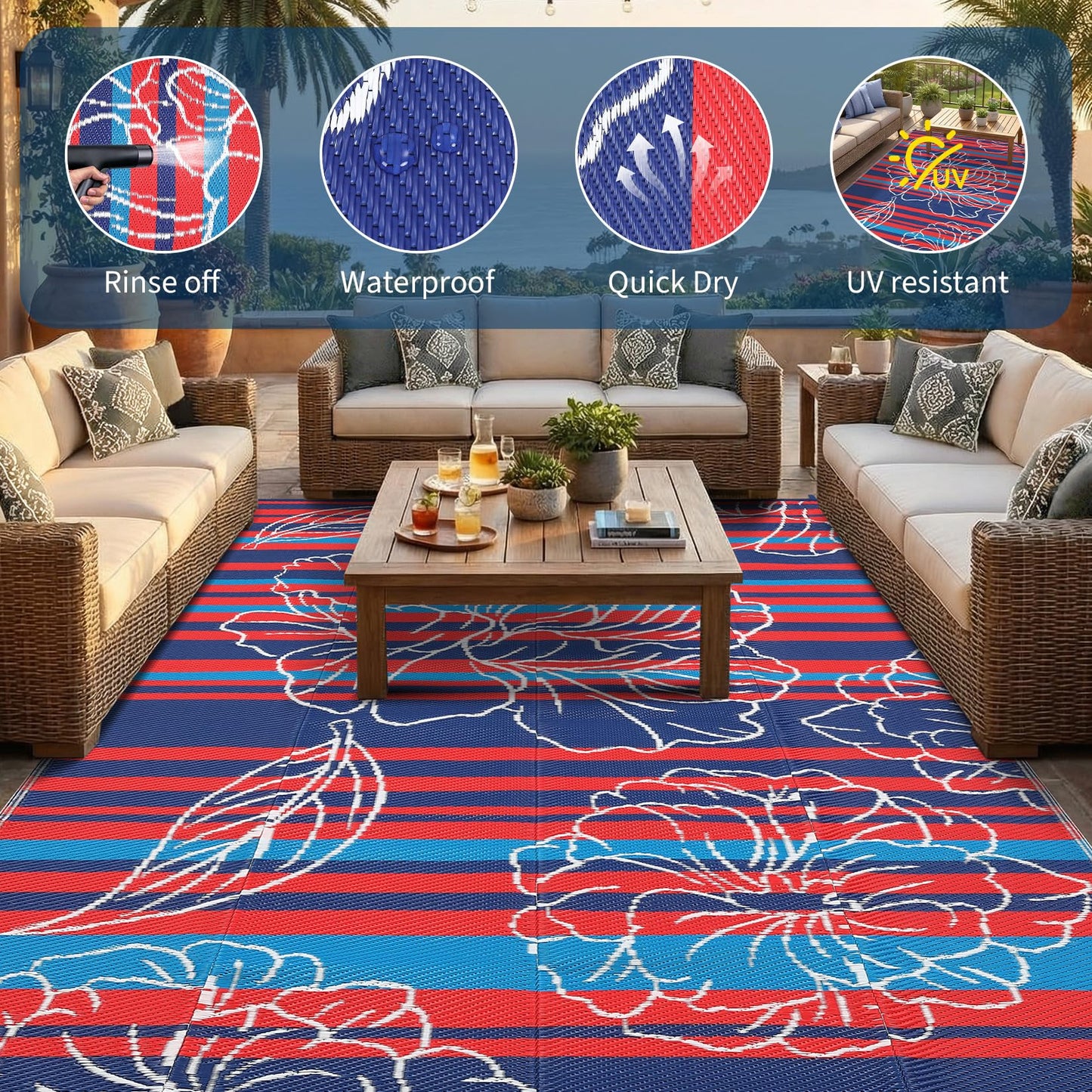 Garvee 5x8 Outdoor Waterproof Rug, Floral Outdoor Area Rug，Reversible Plastic Straw Patio Rug, Portable Camping Mat for RV, Picnic, Beach, Balcony, Garden & Camping Red&Navy