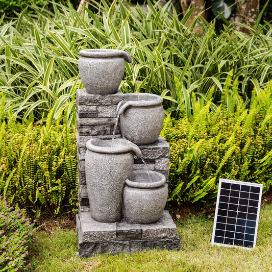 Teamson Home 30.7" 4-Tier Cascading Bowl Solar Powered Water Fountain for Outdoor Living Spaces, Gray